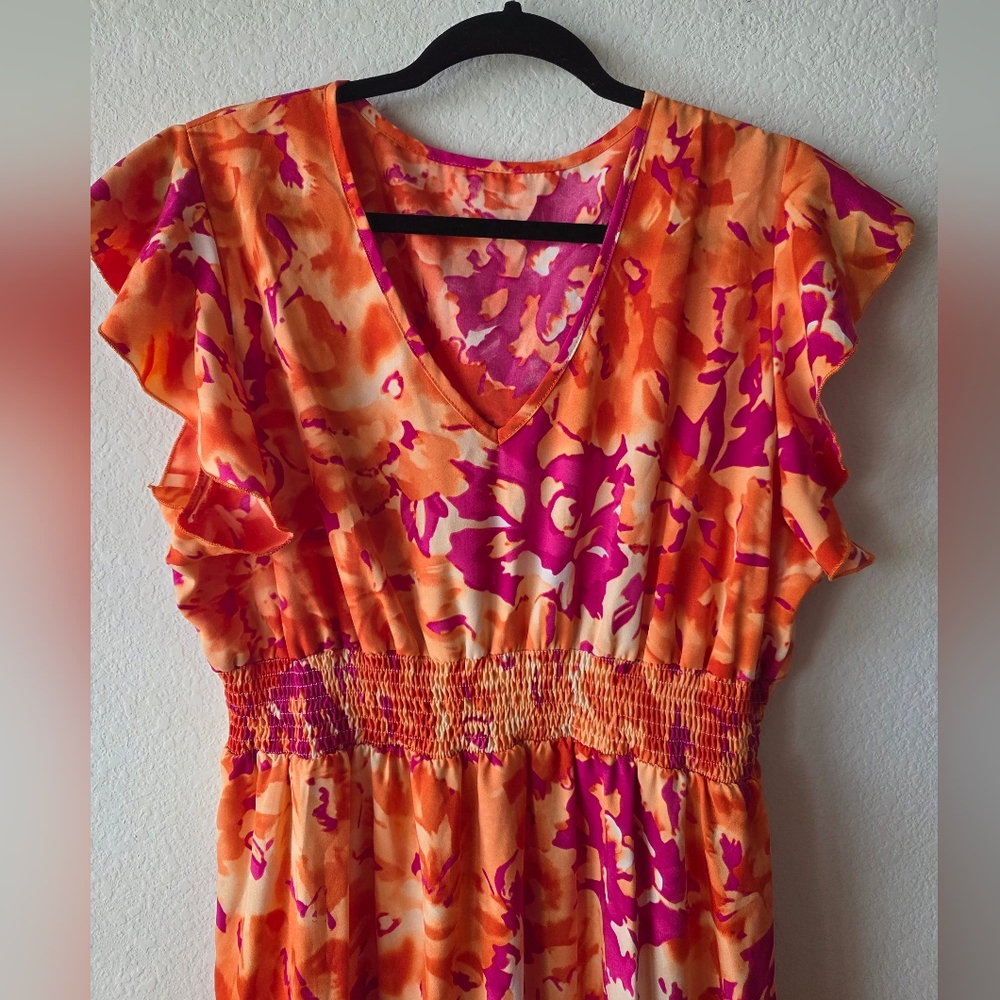 Orange and Pink Floral Midi Dress - Picture 2 of 8